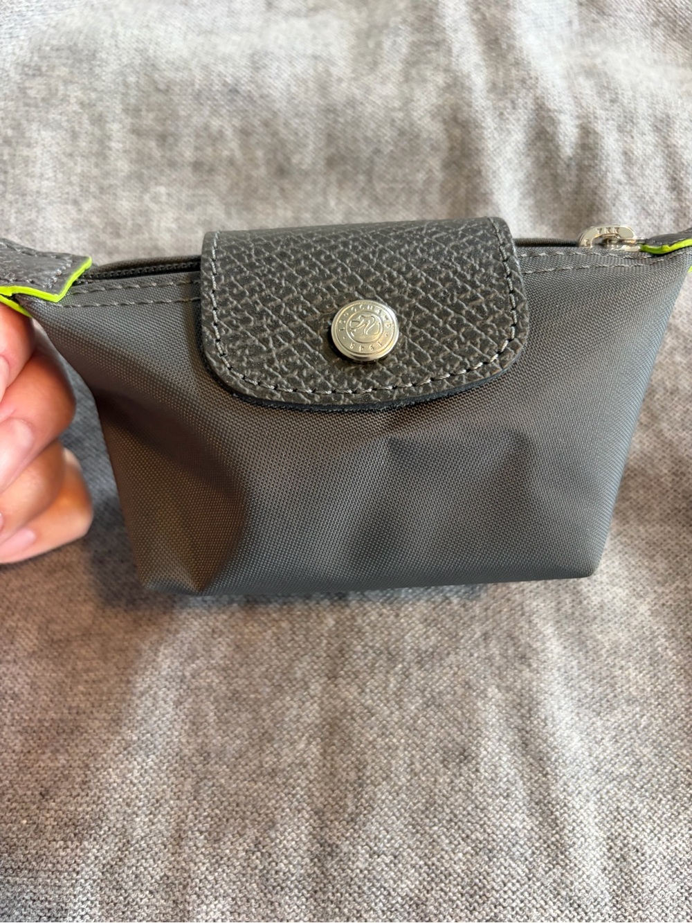 Longchamp Mini Pouch in Charcoal with Neon Yellow Trim - Picture 4 of 5